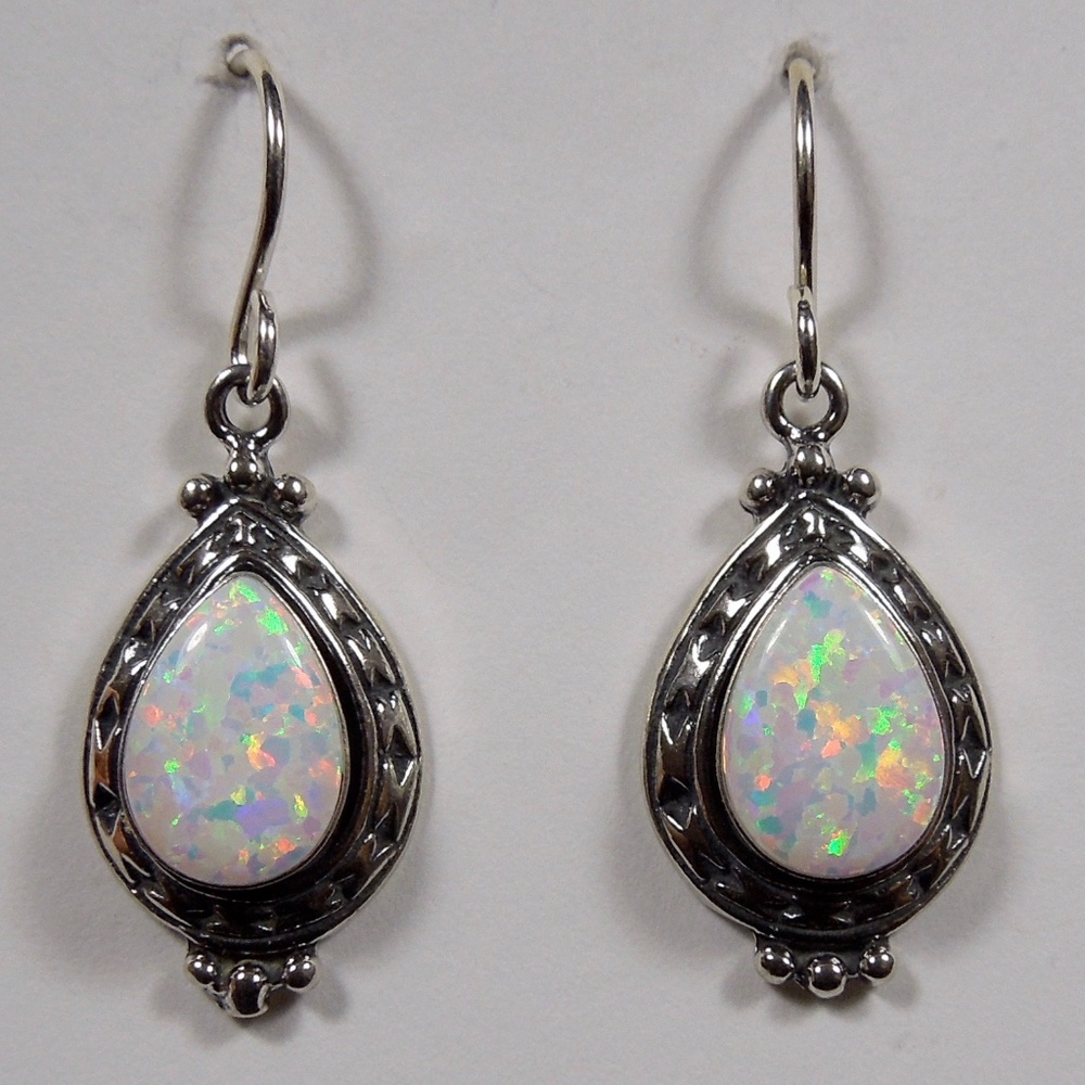 7x10mm White Fire Opal Sterling Silver Earrings